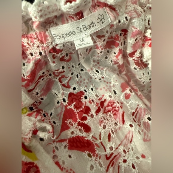 POUPETTE ST BARTH CLARA PINK FLORAL TASSEL EYELET  RUFFLE TIERED MINI DRESS M - Picture 4 of 4